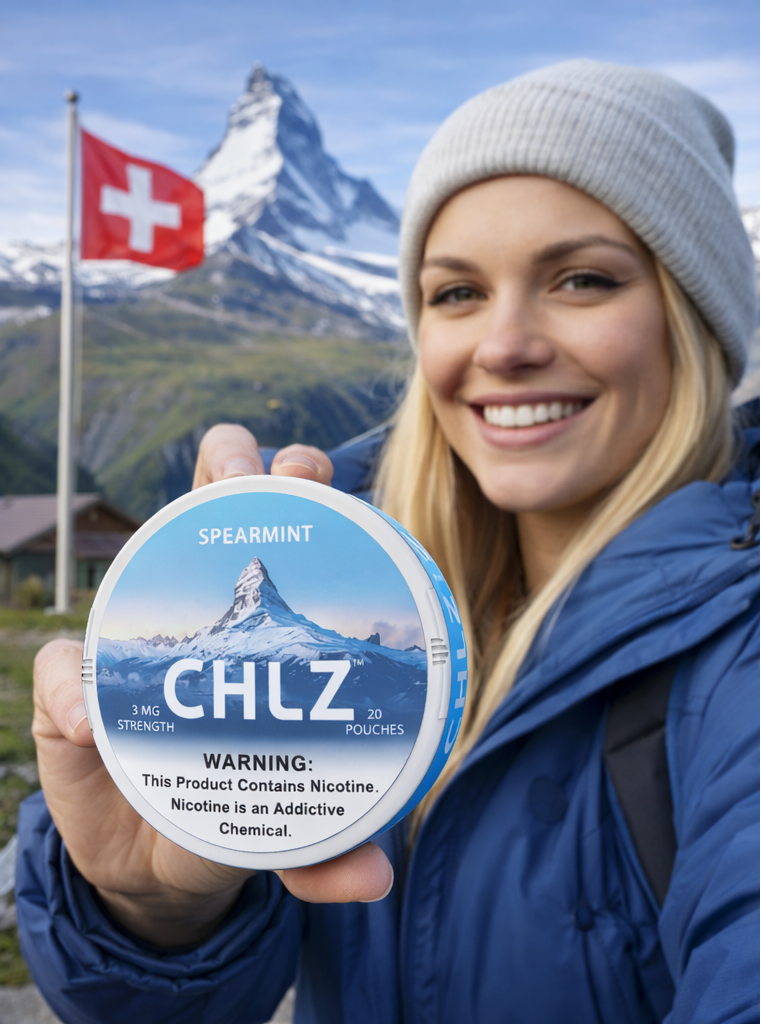 woman holding CHLZ products with a mountainous landscape and Swiss flag in the background