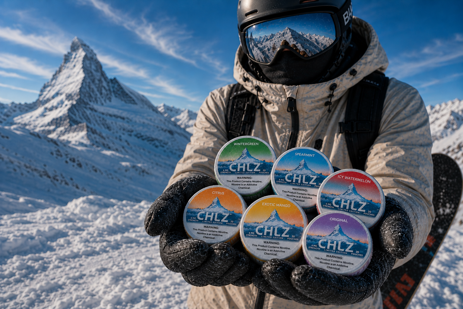 Snowboarder cupping all six Swiss CHLZ 6mg flavors in Swiss Alps mountain scene