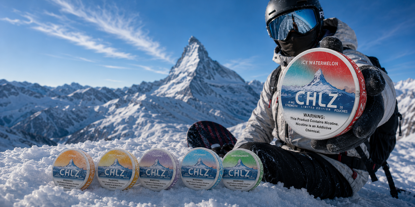Snowboarder holding Swiss CHLZ 6mg Icy Watermelon can with all six flavors in Swiss mountain lifestyle scene