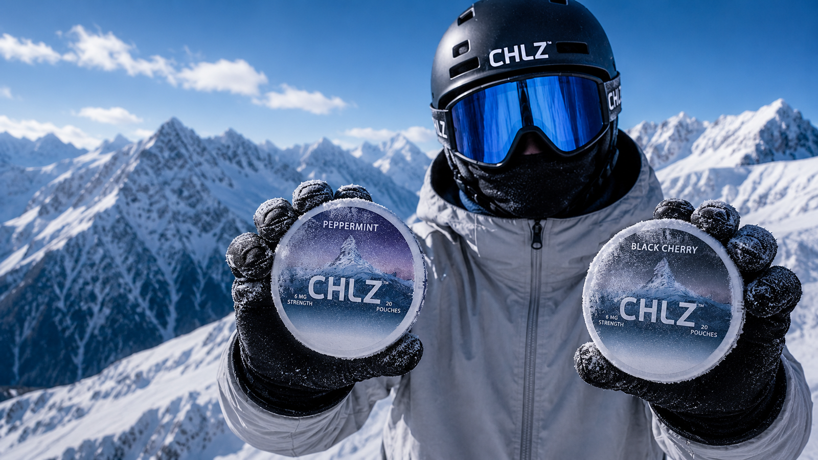 Snowboarder holding Swiss CHLZ Peppermint and Black Cherry online-only cans in a Swiss Alps scene