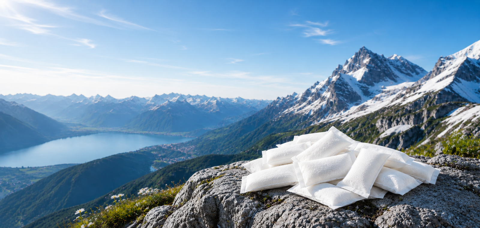 Clean white nicotine pouches stacked on alpine rock with Swiss mountain and lake scenery